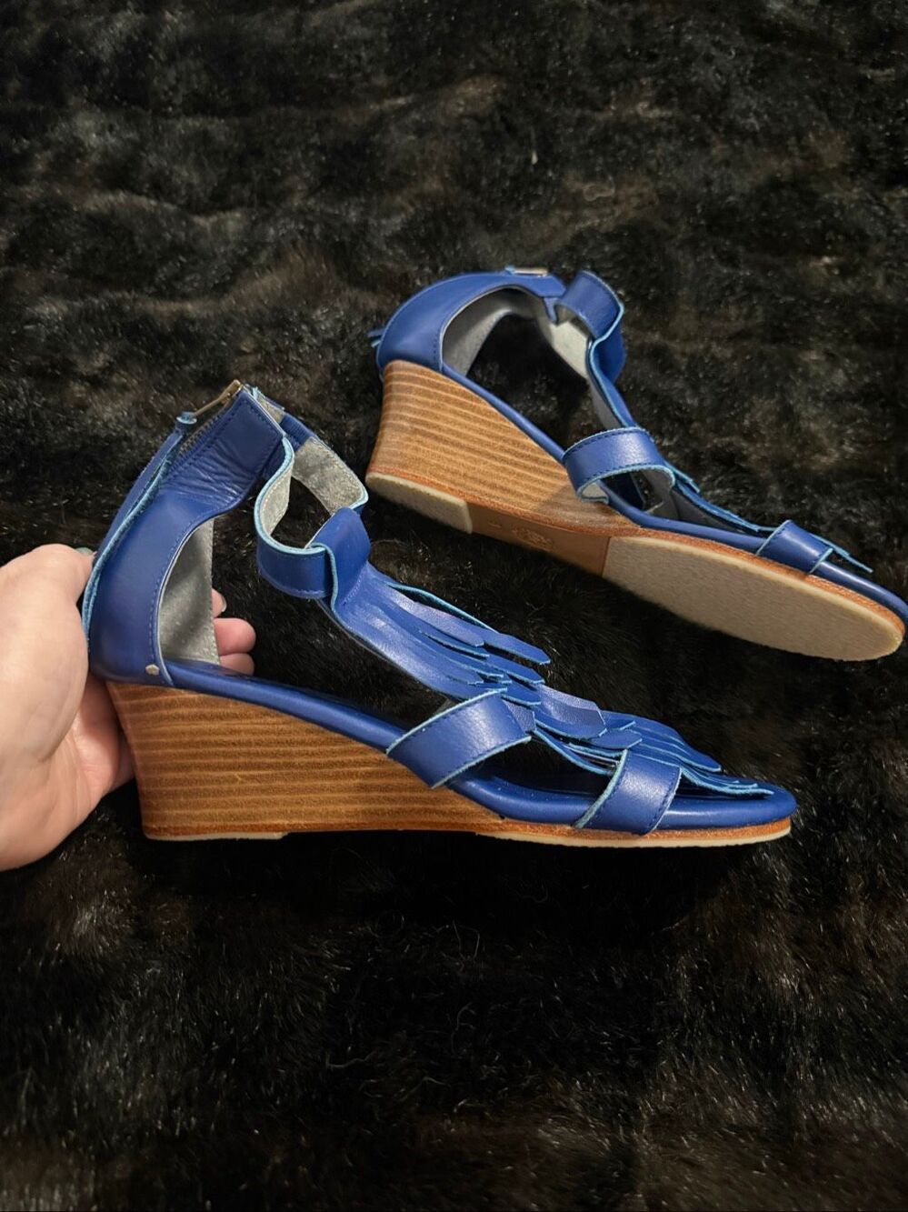 New Bali  Elf Fly Away Fringe Wedge Sandals Handmade Royal Blue 8 New